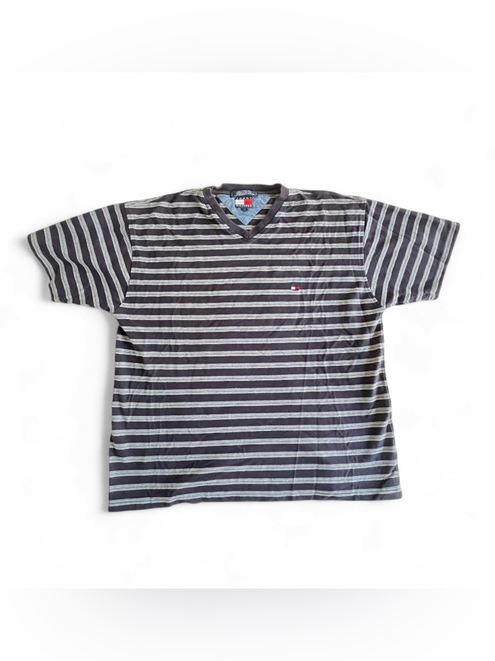 Tommy Hilfiger Men’s Navy Blue, White & Gray Striped V-Neck Tee - Y2K - 90s